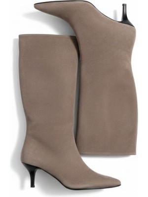 Ne&Ve Shoes Ekru Süet Hakiki Deri Körüklü Kadın Sivri Burun Çizme