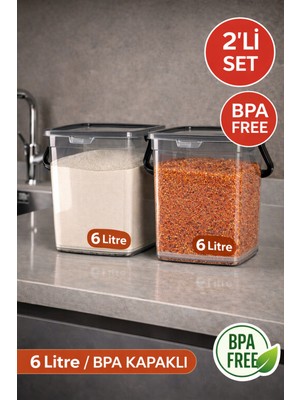 Open Home Concept 2'li - 6 Litre Antrasit Mega Boy Bakliyat Kabı - Deterjanlık Saklama Kutusu Kabı Un Saklama Kabı