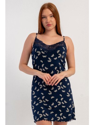 Vienetta Kadın Dantelli Ince Askılı Desenli Lacivert Gecelik Tunik C9T3N0805