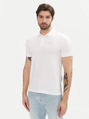 EA7 Erkek Regular Fit Logo Baskılı Kısa Kollu Pamuklu Beyaz Polo Yaka T-Shirt 8NPF14 PJVQZ-0100