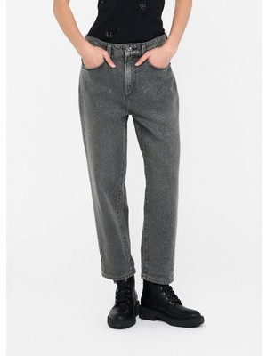 Liu Jo Kadın Rahat Kalıp Eskitme Desenli Geniş ve Kısa Paça Yumuşak Pamuklu Denim Gri Pantolon UF5019D4927-N9935