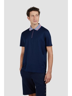 Paul & Shark Erkek Normal Kesim Yakası Şerit Çizgi Detaylı Yarım Fermuarlı Kısa Kollu Lacivert Polo Yaka T-Shirt 25411285A-013