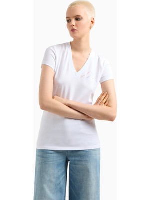 Armani Exchange Kadın Kısa Kollu V Yaka Dokuma Kumaş Beyaz T-Shirt XW000600 AF10355-U0002