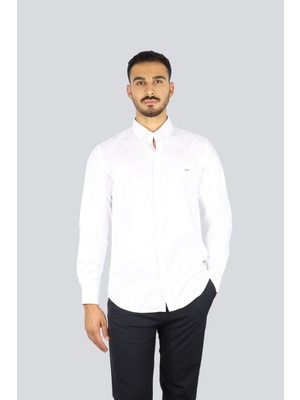 Paul & Shark Erkek Regular Fit %100 Pamuklu Shark Logolu Uzun Kollu Beyaz Gömlek 99313001-010