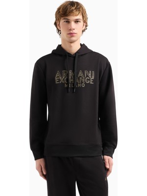 Armani Exchange Erkek Kontrast Logolu Regular Fit Kapüşonlu Pamuklu Uzun Kollu Siyah Sweatshirt XM000332 AF12269-UC001