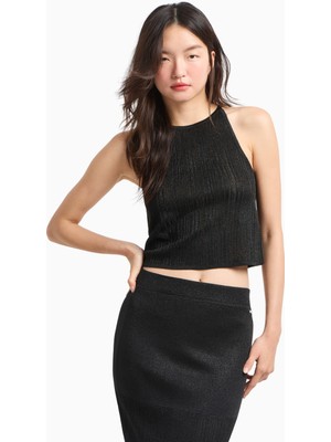 Armani Exchange Kadın Metalik Görünümlü Örme Yuvarlak Yakalı Ince Ip Askılı Crop Siyah T-Shirt XW000112 AF11957-MC005