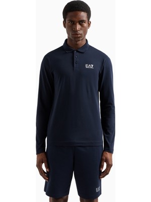 EA7 Erkek Pamuklu Uzun Kol Dokuma Günlük Kullanım Mavi Polo Yaka T-Shirt 8NPF15 PJVQZ-1562
