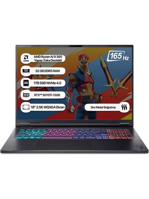 Acer Nitro 18 NH.QYFEY.001-32 Ryzen AI 9 365 32GB 1tb SSD RTX5070Ti-12GB 165Hz 18 inç Wqxga FreeDOS Taşınabilir Bilgisayar