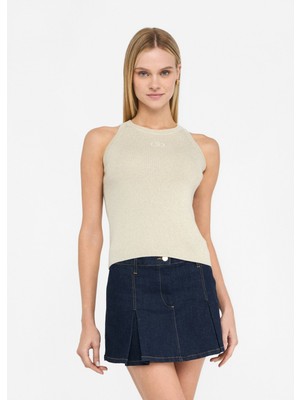 Liu Jo Kadın Slim Fit Yuvarlak Yakalı Kolsuz Örme Bej Bluz UF5277MA76Q-04120