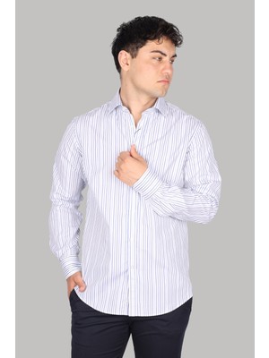 Paul & Shark Erkek Regular Fit Çizgili Uzun Kol Beyaz-Mavi Gömlek 24413062CF-V88