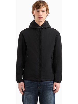 Armani Exchange Erkek Normal Kalıp Rüzgara ve Yağmura Dayanıklı Kapüşonlu Uzun Kollu Siyah Mont XM000621 AF12071-UC001