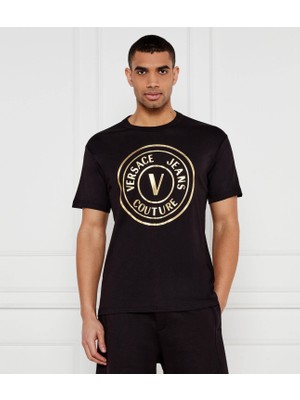Versace Erkek Regular Fit Logo Baskılı Kısa Kollu Siyah-Altın T-Shirt 78GAHT01CJ00T-G89