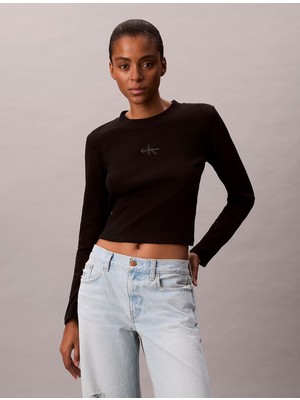 Calvin Klein Kadın Pamuklu Bisiklet Yaka Uzun Kollu Siyah T-Shirt LV047A803G-UB1