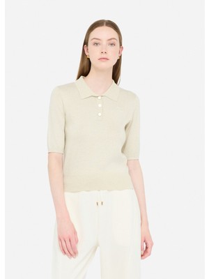 Liu Jo Kadın Normal Kalıp Polo Yaka Kısa Kollu Örme Ekru Polo Yaka T-Shirt UF5278MA76Q-04120