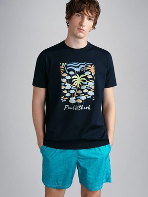 Paul & Shark Erkek Marka Logolu Pamuklu Normal Kalıp Günlük Mavi T-Shirt 24411110-013