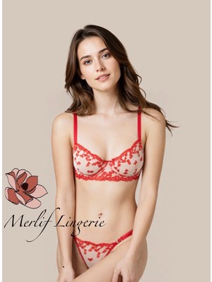 Merlif Lingerie Kırmızı Kalpli Tül Brode Fantazii Iç Çamaşır Takımı Bralette Balenli Sütyen & Tanga Sevgililer Günü