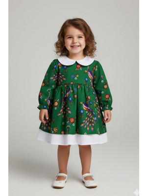 Bertuğ Bebek Bebe Yaka Poplin Kız Çocuk Bebek Pazen Poplin Yeşil Beyaz Elbise