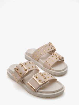 LOJO Kadın Çift Bantlı Altın Tokalı Kalın Taban Günlük Terlik Kea