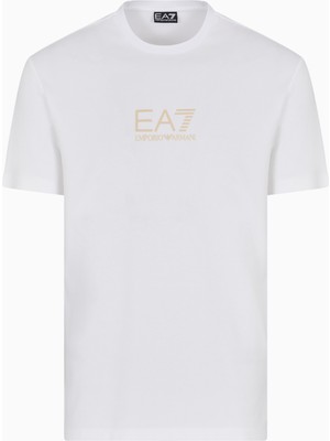 Erkek Slim Fit Yuvarlak Yakalı Gold Kaplamalı Kontrast Ea7 Logolu Beyaz T-Shirt 7M000301 AF13739-U0002