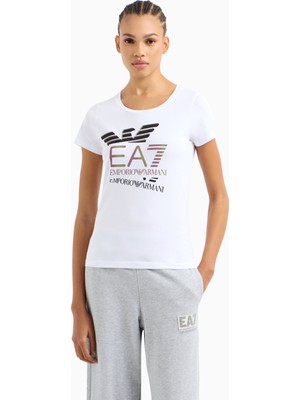 EA7 Kadın Dokuma Kumaş Düz Bisiklet Yaka Beyaz T-Shirt 7W000182 AF10373-U0002