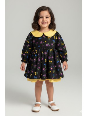 Bertuğ Bebek Bebe Yaka Poplin Kız Çocuk Bebek Pazen Poplin Siyah Sarı Elbise