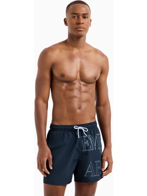 Emporio Armani Erkek Lastikli Bağlamalı Bel Kısa Boy Marka Yazı Desen Lacivert Mayo EM000583 AF12326-UB102