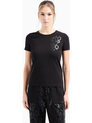 EA7 Kadın Normal Kesim Pamuklu Motif Işlemeli Kısa Kollu Siyah T-Shirt 7W000133 AF10373-UC001