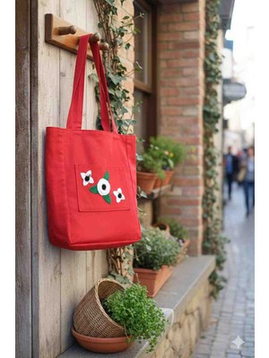 Yarımada Kadın Kooperatifi El Emeği Çiçek Aplikeli Kırmızı Kanvas Bez Çanta - Şık ve Dayanıklı Omuz Çantası