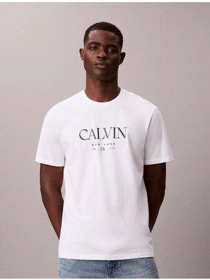 Calvin Klein Erkek Kısa Kol Bisiklet Yaka Calvın Yazı Desenli Pamuklu Beyaz T-Shirt LV04RE807G-YAA