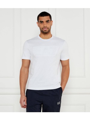 Erkek %100 Pamuklu Göğüste Büyük Ea7 Logolu Yuvarlak Yaka Kısa Kollu Ekru T-Shirt 7M000149 AF14772-U1079