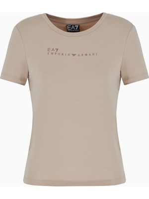 Kadın Kısa Kollu Bisiklet Yaka Ea7 Yazı Desenli Bej T-Shirt 7W000274 AF12945-U6155