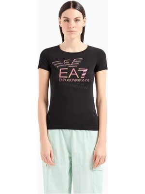 EA7 Kadın Dokuma Kumaş Düz Bisiklet Yaka Siyah T-Shirt 7W000182 AF10373-UC001