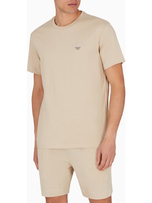 Emporio Armani Erkek Regular Fit Yuvarlak Yaka Göğüste Kartal Logolu Pamuklu Kısa Kollu Bej T-Shirt EM000574 AF12334-U6213