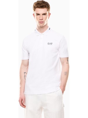 Erkek Regular Fit Esnek Pamuklu Pike Kumaş Yakası Desenli Ea7 Logolu Kısa Kollu Beyaz Polo Yaka T-Shirt 7M000184 AF13511-U0002