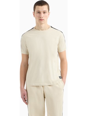 Erkek Omuzları Şerit Çizgili Ea7 Logolu Regular Fit Yuvarlak Yaka Kısa Kollu Ekru T-Shirt 7M000138 AF10375-U1079