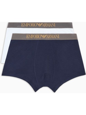 Emporio Armani Erkek 2'li Paket Yumuşak Dokulu Logolu Lastikli Bel Lacivert-Beyaz Boxer EM000253 AF10787-M0079