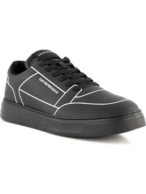 Emporio Armani Erkek Kabartmalı Baskı Desenli Kontrast Logo Detaylı Deri Siyah Sneaker EM002852 AF18014-MC024