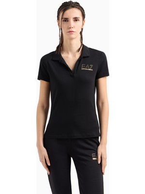 Kadın Gold Işlemeli Ea7 Logolu Polo Yaka Kısa Kollu Siyah Polo Yaka T-Shirt 7W000266 AF12500-UC001