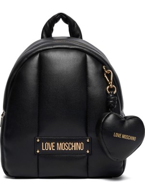 Love Moschino Kadın Sırt Askılı Deri Kalpli Küçük Aksesuar Metal Logo Fermuar Kapama Siyah Sırt Çantası JC4324PP0NKM1-00A