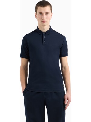 EA7 Erkek Regular Fit Omuzları Şerit Çizgili Pamuklu Jarse Kısa Kollu Lacivert Polo Yaka T-Shirt 7M000139 AF10375-UB102