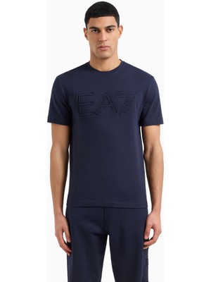 Erkek %100 Pamuklu Göğüste Büyük Ea7 Logolu Yuvarlak Yaka Kısa Kollu Lacivert T-Shirt 7M000149 AF14772-UB102
