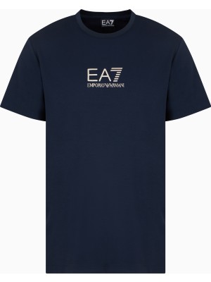 Erkek Slim Fit Yuvarlak Yakalı Gold Kaplamalı Kontrast Ea7 Logolu Mavi T-Shirt 7M000301 AF13739-UB102