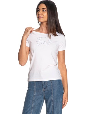 Kadın Bisiklet Yaka Ea7 Yazı Detay Kısa Kol Dar Beyaz T-Shirt 7W000184 AF10373-U0002