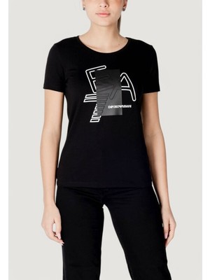 Kadın Esnek Pamuklu Kumaş Yuvarlak Yaka Ea7 Logolu Kısa Kollu Siyah T-Shirt 7W000187 AF10373-UC001