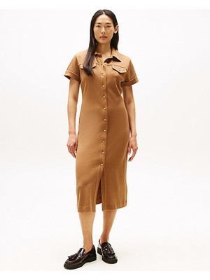 Tommy Hilfiger Kadın Normal Kalıp Gold Düğme Detaylı Saf Pamuklu Midi Kahverengi Elbise WW0WW44617-GWA