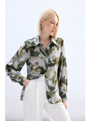 Sateen Desenli Gömlek - Haki