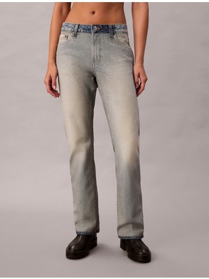 Calvin Klein Kadın Eskitme Desenli Rahat Kalıp Geniş Paça Pamuklu Denim Mavi Pantolon LV147D735G-YYD