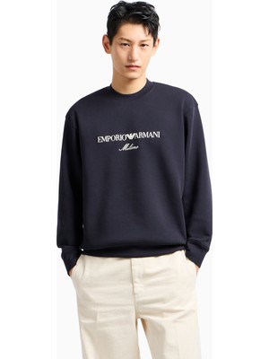 Emporio Armani Erkek Yuvarlak Yaka Regular Fit Dokuma Kumaş Baskılı Uzun Kollu Lacivert Sweatshirt EM001052 AF10013-MB222