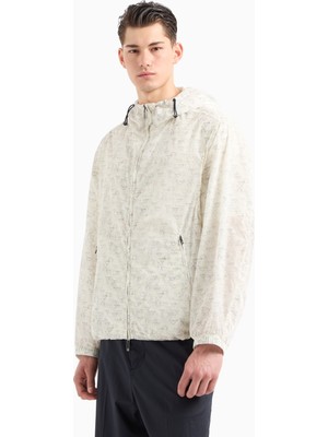 Emporio Armani Erkek Kapüşonlu Fermuarlı Kartal Desenli Beyaz Ceket EM002006 AF12021-MB046