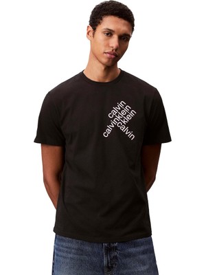 Erkek Eğik Calvin Klein Yazı Desenli Kısa Kol Pamuklu Siyah T-Shirt LV04RC832G-UB1